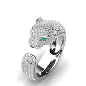 Verstellbarer Jaguar-Ring aus Silber und Roségold (18K) mit grünen Zirkonia-Augen