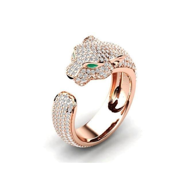 Verstellbarer Jaguar-Ring aus Silber und Roségold (18K) mit grünen Zirkonia-Augen
