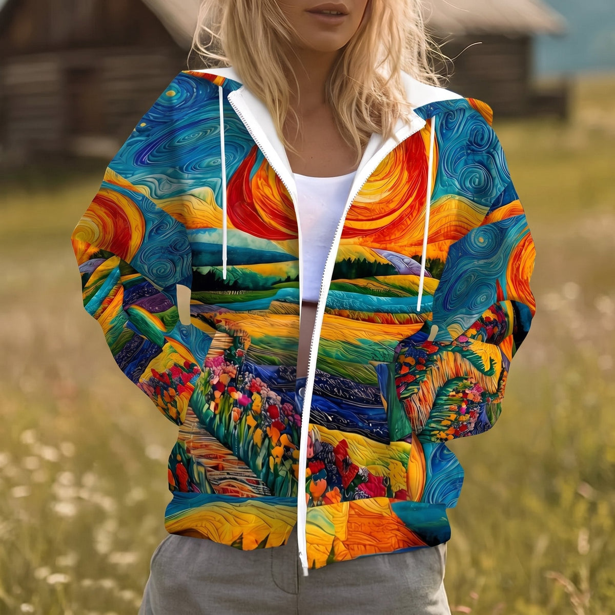 Filipa | Casaco com Capuz e Fecho Estampado Artístico
