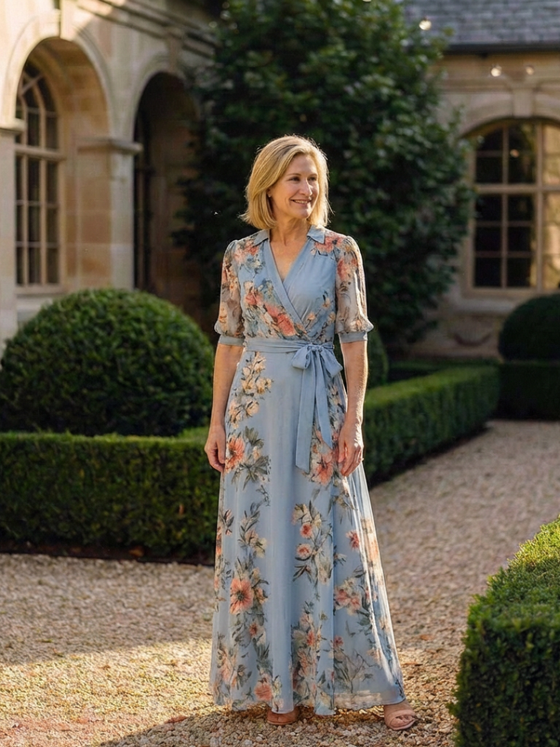 Celina | Vestido Comprido Floral Traçado com Decote em V